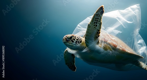 Sea turtle entangled in plastic ocean pollution