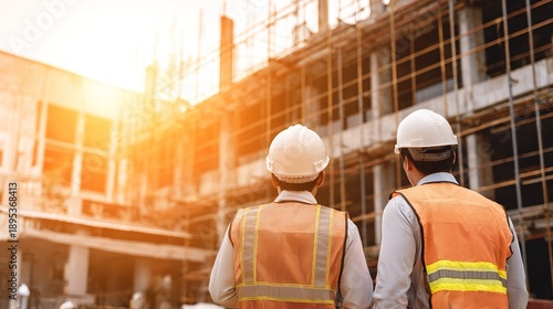 Construction workers look at building site during sunset in urban area for ongoing project and development plans