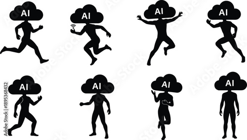 AI cloud head silhouettes, human figures, tech fusion, wireless signal, artificial intelligence icons, black vector set, digital movement illustration