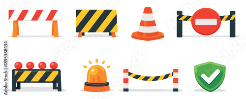 Barriers overview in flat style: road barrier, caution stripe panel, safety cone, restricted area sign, blockade fence, warning light, boundary line, protection. Vector icons