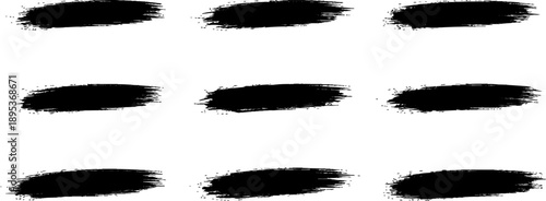 Abstract Brushstrokes Composition: An artistic arrangement of nine bold brushstrokes, each a stark contrast of black against the background, creating a visual rhythm and pattern.