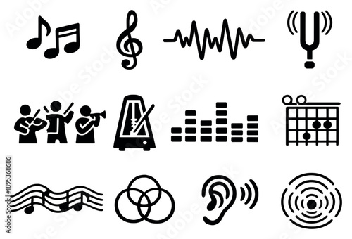 Musical and rhythmic harmony vector icons in outline style: musical notes, treble clef, sound waves, tuning fork, metronome, orchestra group, rhythm bars, chord. Vector icons