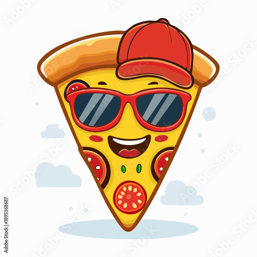 a vector mascot of a cute, smiling slice of pizza with cartoonish eyes
