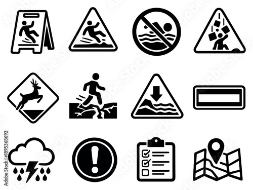 Environmental and Public Area Warnings in outline style: wet floor sign, slippery surface icon, no swimming sign, falling objects warning, wildlife crossing. Vector icons