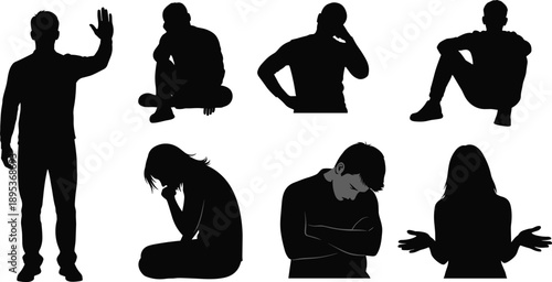 Emotional pose icons, body language silhouettes, black vector set, stress gesture, sadness symbol, confusion figure, human expression illustration pack