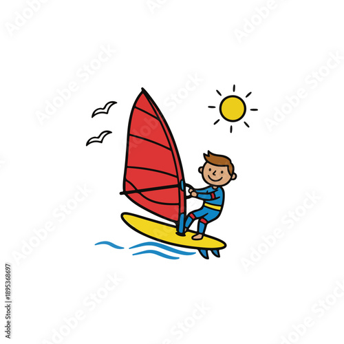Cartoon illustration of a person windsurfing on the water under the sun.