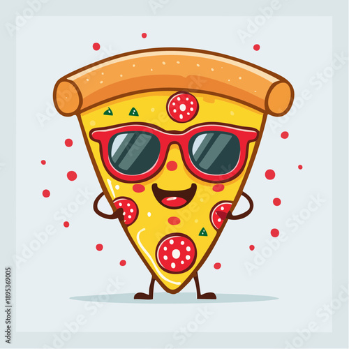 a vector mascot of a cute, smiling slice of pizza with cartoonish eyes