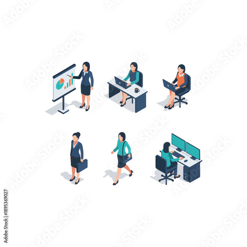 Wallpaper Mural Isometric Business Women Set - Professionals Working, Presenting, and Collaborating in Office Environments. Torontodigital.ca