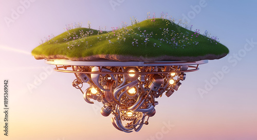 Fantasy Floating Island: A mesmerizing aerial view showcases a vibrant, grassy island levitating gracefully, held aloft by intricate, glowing mechanical structures.