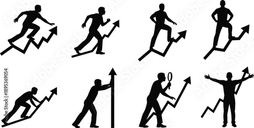 Growth icons, success silhouette set, upward arrow figures, business progress, achievement vector, black illustration, motivation symbol, personal development pack