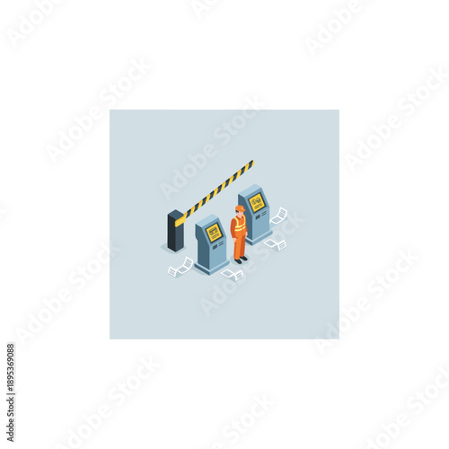 Isometric Toll Booth with Attendant and Barrier.