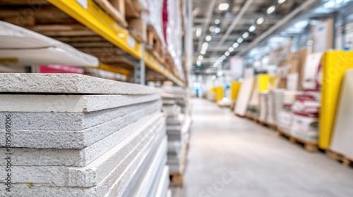 Stacks of building materials are organized in a large warehouse during business hours for construction projects