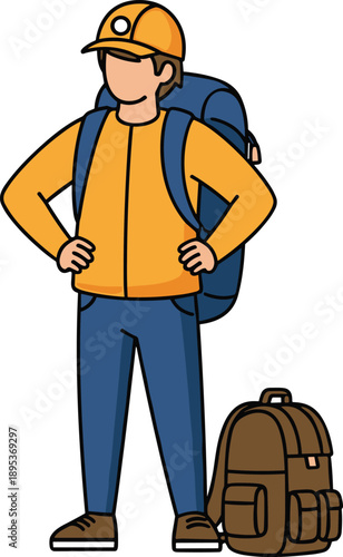 Hiking character icon, outdoor adventure vector, backpacker silhouette, travel gear illustration, black cartoon figure, exploration pose, trekking symbol, nature pack