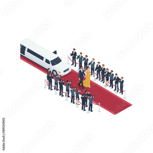 Celebrity arriving in a limousine on a red carpet with paparazzi and fans.