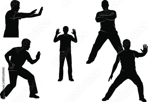 Martial arts icons, defensive pose silhouettes, Tai Chi vector, Kung Fu gesture, black illustration set, movement symbol, training pack