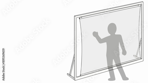 Clear protective screen barrier with person silhouette interacting, vector illustration for safety and social distancing.