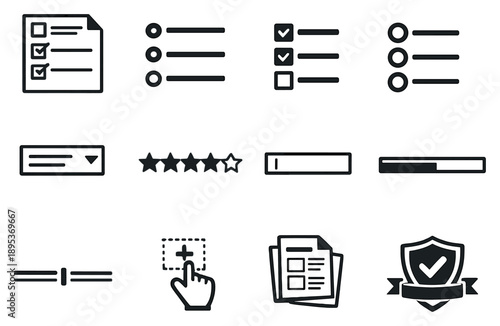 Online survey tools questionnaire creation flat vector icons in outline style: survey form, question list, checkbox option, radio button, dropdown menu, rating. Vector icons