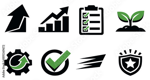Improvement concept overview in bold style: upward arrow, progress chart, checklist completion, growth sprout, optimization gear, success checkmark, momentum. Vector icons