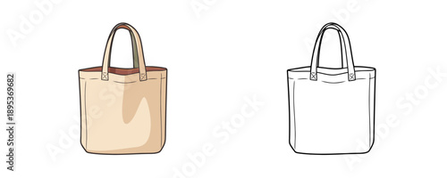 Canvas tote bag mockup in cartoon and line art style beige and white colors eco friendly reusable shopper for groceries or fashion accessories isolated on white background