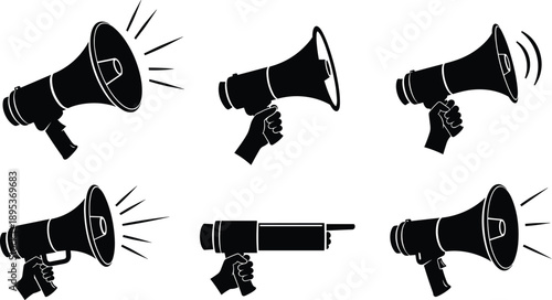 Megaphone silhouette icons, hand holding loudspeaker, sound wave vector, protest symbol, public speaking, black communication art, announcement illustration set