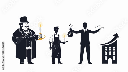 Vector illustration of historical social classes, from wealthy gentleman with candle to worker holding money bag and businessman with growth chart,
