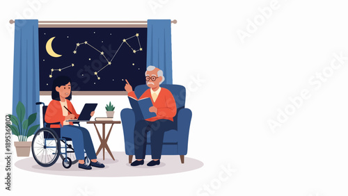 Learning astronomy with senior man, woman in wheelchair studying night sky. Learning astronomy promotes connection, exploring moon and stars through window.