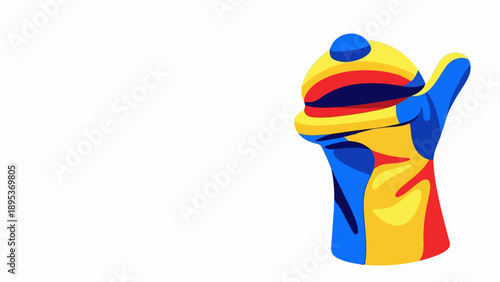 Colorful hand puppet design with vibrant blue, red, and yellow abstract patterns. This unique colorful hand puppet features stylized fingers and thumb, creating an engaging visual element.