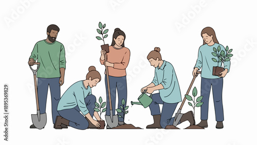 Group of people engaged in tree planting, working together for environmental restoration. Volunteers plant young trees, using spades and watering cans.