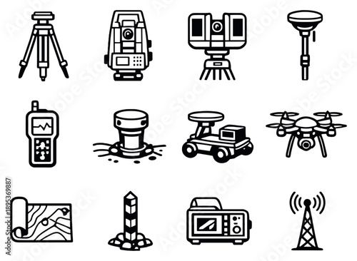 Mining Survey and Monitoring Systems in outline style: survey tripod, total station, laser scanner, GPS receiver, inclinometer, seismic sensor, ground radar. Vector icons