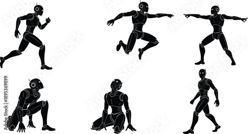 Robot silhouette icons, humanoid androids, dynamic poses, mechanical joints, futuristic design, AI movement, black vector robots, artificial intelligence illustration set
