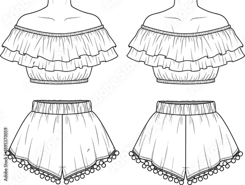 This title includes high-performing keywords like “off-shoulder crop top,” “pom-pom trim shorts,” “fashion illustration,” and “garment construction,” which are frequently searched by buyers.