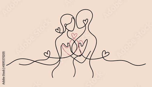 Minimalist line art illustration of a loving couple with intertwined hearts