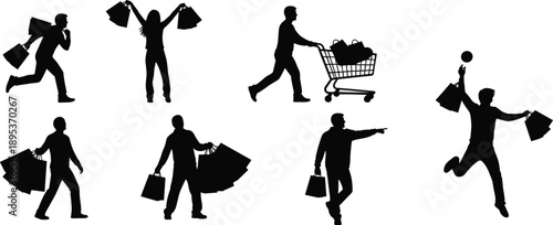 Shopping activity icons, consumer behavior silhouettes, retail vector set, black figure pack, excitement pose, cart gesture, purchase illustration, sale symbol
