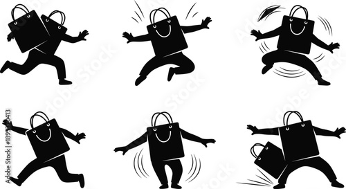 Shopping bag icons, retail mascot vector, joyful silhouette set, dynamic pose, black illustration, promotional character, shopping excitement, animated retail pack
