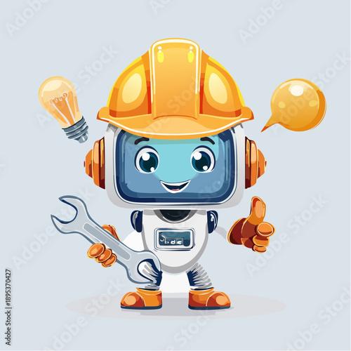 Cute robot mascot character in construction safety gear