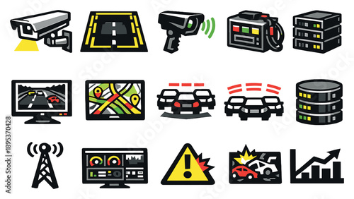 Traffic monitoring and detection systems vector icons in bold style: CCTV traffic camera, vehicle loop detector, radar speed sensor, traffic counter box. Vector icons