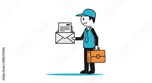 Cartoon Delivery Man Holding Mail and Briefcase.