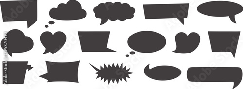 Black comic speech bubble shape set with dialogue and caption elements, bold cartoon silhouettes perfect for comics, posters, stickers, ads, and creative graphic design projects.