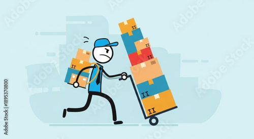 Cartoon delivery man struggling with many boxes on a cart.