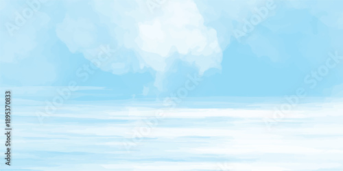 A beautiful blue summer sky with white clouds and sunlight reflecting on the sea horizon creates a serene nature landscape where the sun meets the ocean waves in a bright heavenly cloudscape
