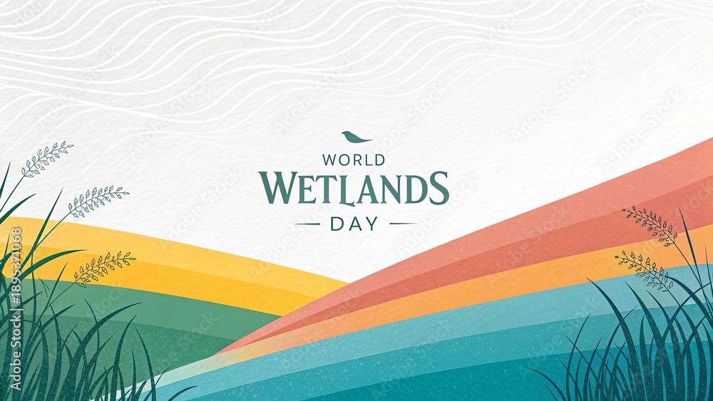 Fototapeta premium Vibrant palm leaves and water highlight minimal wetlands conservation banner.