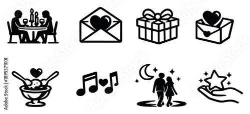 Romantic moments and gestures in outline style: candle dinner, love letter, gift box, surprise note, shared dessert, music note, moonlight walk, memory star. Vector icons