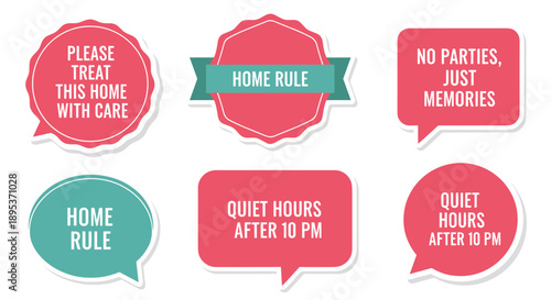 Home Rules and Etiquette Reminders for Guests in Colorful Speech Bubbles