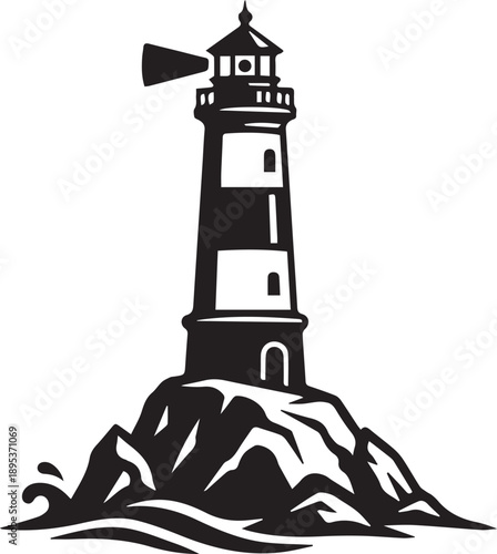 Coastal Lighthouse Silhouette Bold Black and White Illustration of a Striped Lighthouse Tower Guarding a Rocky Shoreline