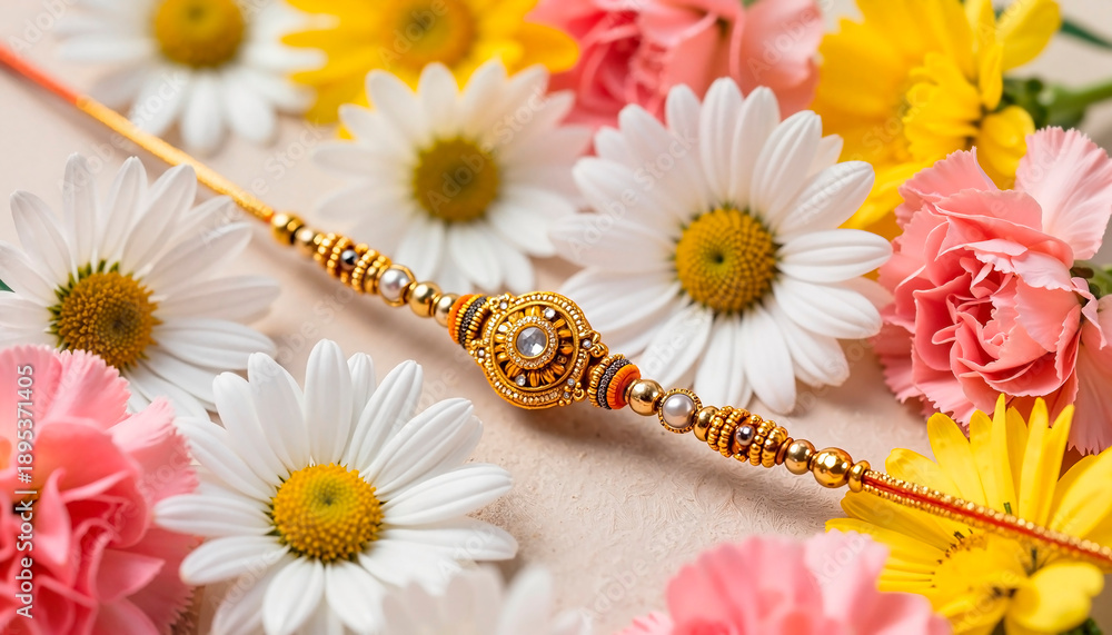 Obraz premium Rakhi bracelet adorned with gold threads and sparkling jewelry, set against a backdrop of fresh bright flowers