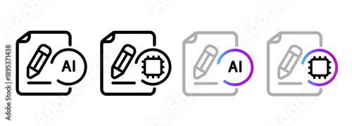 AI writing icon set for automated content creation copywriting artificial intelligence technology document and pencil