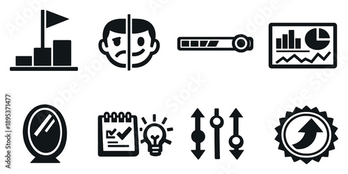 Progress tracking and reflection in bold style: milestone flag, before after comparison, progress bar, analytics dashboard, reflection mirror, insight notes. Vector icons