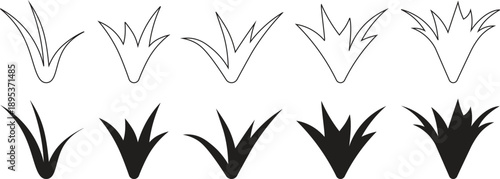 Stylized grass and plant silhouettes in outline and solid styles. Natural foliage shapes ideal for landscape design, ecology themes, and decorative graphics. Perfect for icons, patterns, and vector 