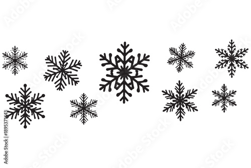A collection of black snowflakes on a white background