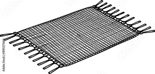 Engraved rendition of a woven mat or rug with fringe, minimalist
